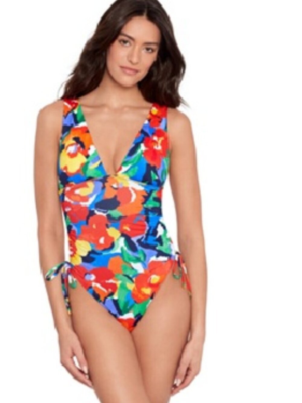 NWT Lauren Ralph Lauren Women's Shirred Plunge-Neck One Piece Swimsuit Abstract